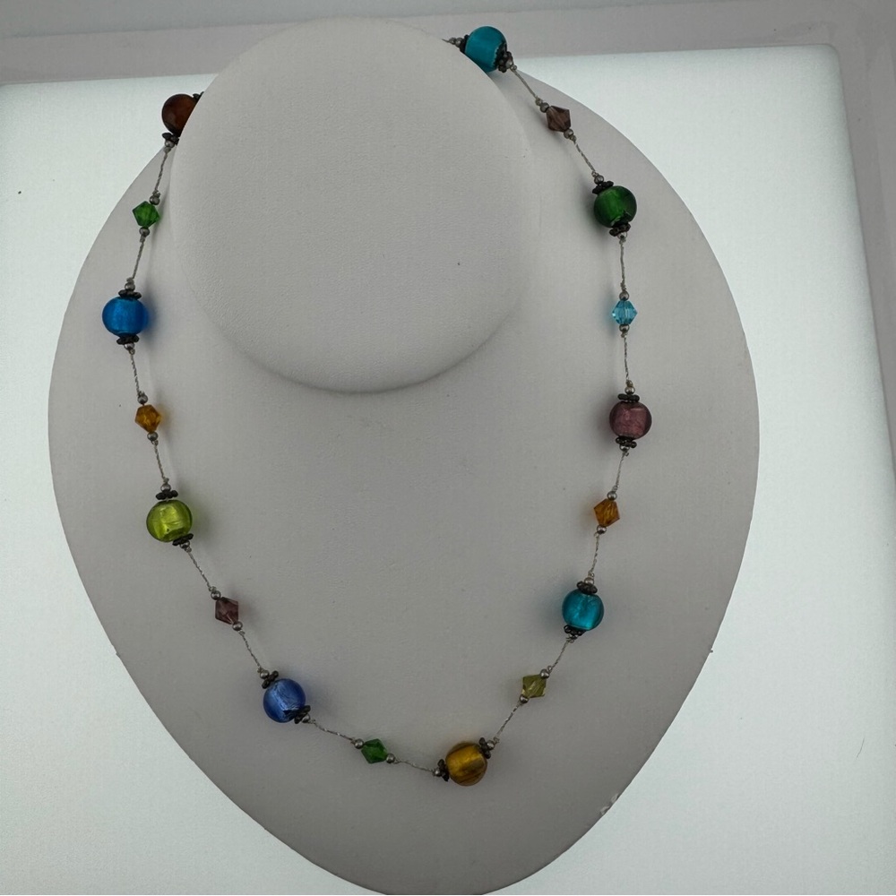 Colorful Beaded Foil Glass Necklace with Silver Details 10 inches Dainty